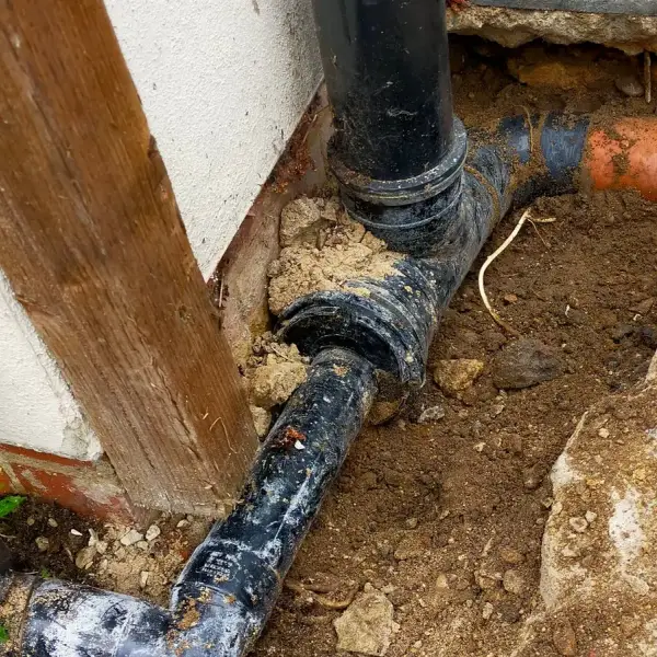 Old drain connection dug out at the foot of a downpipe before the new gully trap went in
