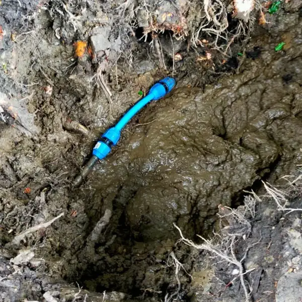 Burst mains water supply pipe exposed in the trench