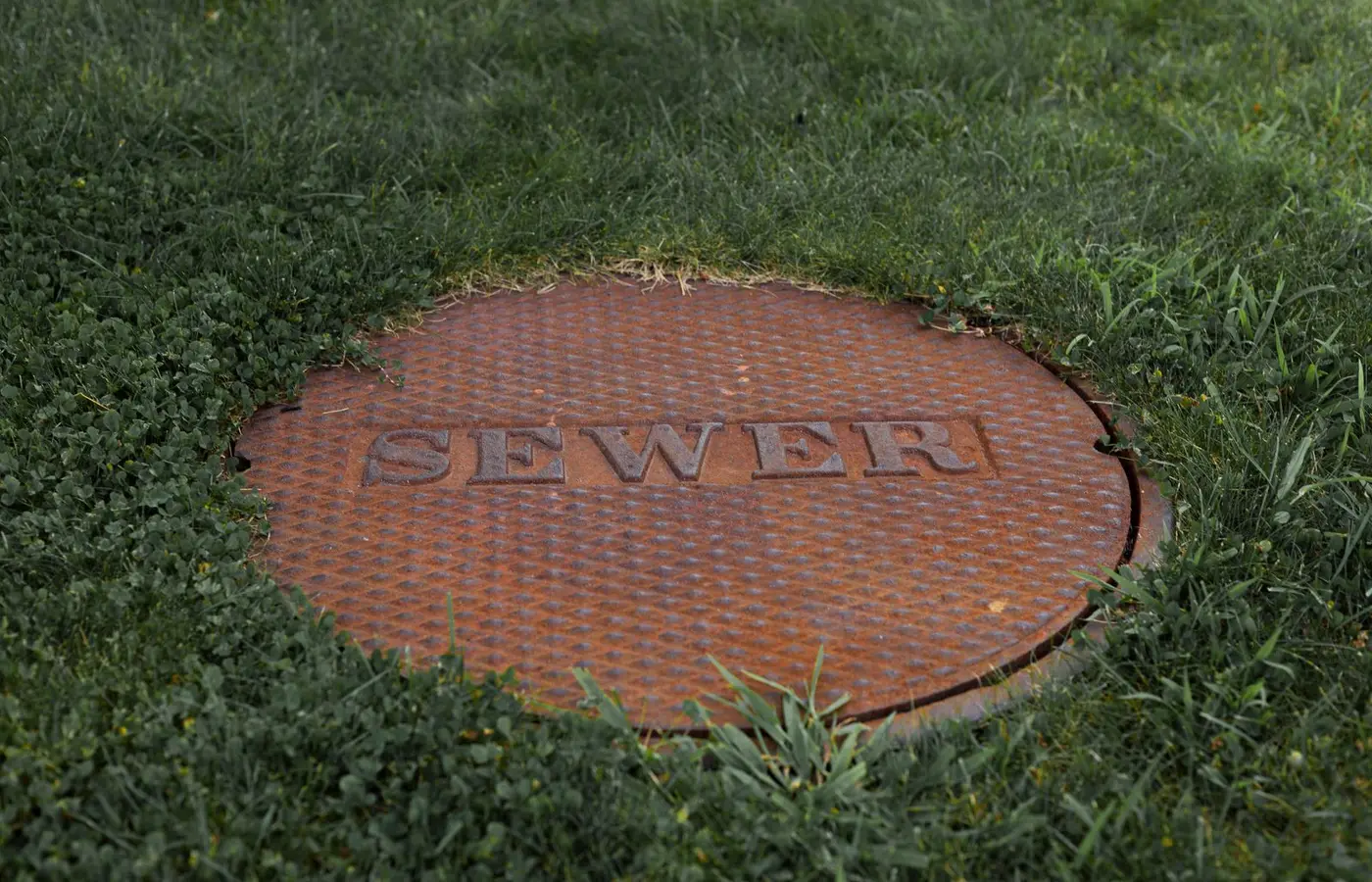 Close-up of a rusty sewer manhole cover in a grassy Boston park.